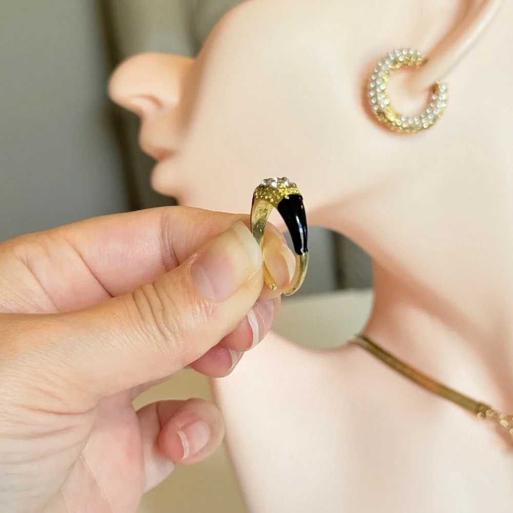 Classic Black Enamel and Gold Band Ring with Crystal Accents